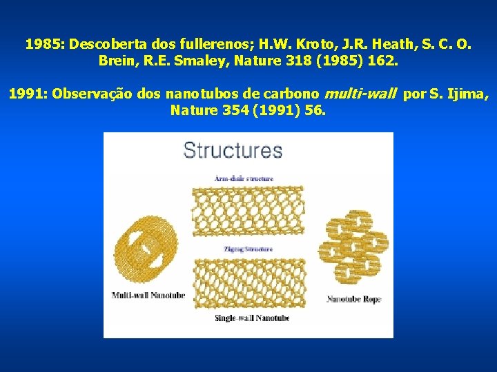 1985: Descoberta dos fullerenos; H. W. Kroto, J. R. Heath, S. C. O. Brein,