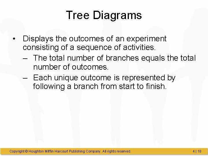 Tree Diagrams • Displays the outcomes of an experiment consisting of a sequence of