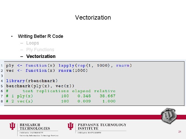 Vectorization • Writing Better R Code – Loops – Ply Functions – Vectorization 21