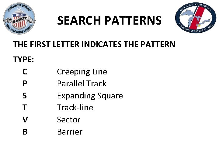 SEARCH PATTERNS THE FIRST LETTER INDICATES THE PATTERN TYPE: C P S T V