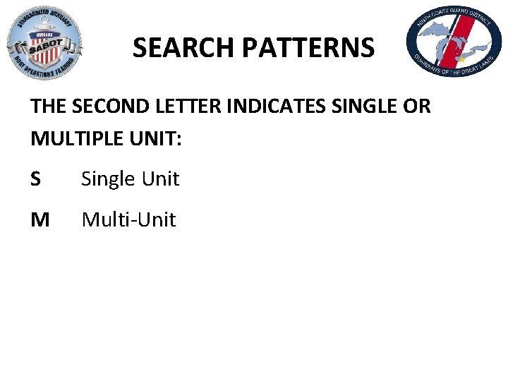 SEARCH PATTERNS THE SECOND LETTER INDICATES SINGLE OR MULTIPLE UNIT: S Single Unit M