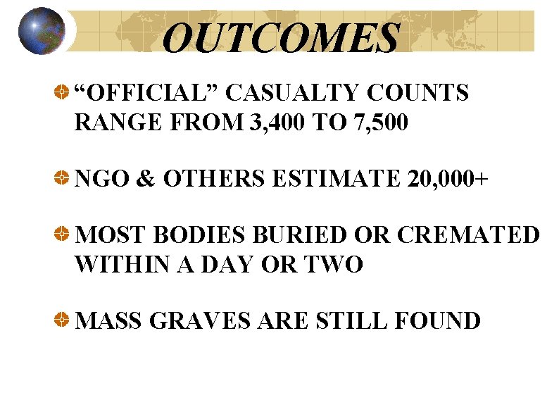 OUTCOMES “OFFICIAL” CASUALTY COUNTS RANGE FROM 3, 400 TO 7, 500 NGO & OTHERS