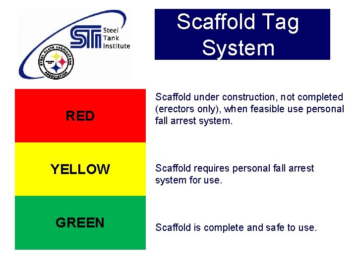 Scaffold Tag System RED Scaffold under construction, not completed (erectors only), when feasible use Scaffold Tag System RED Scaffold under construction, not completed (erectors only), when feasible use