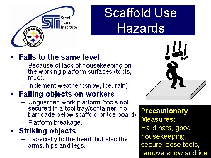 Scaffold Use Hazards • Falls to the same level – Because of lack of