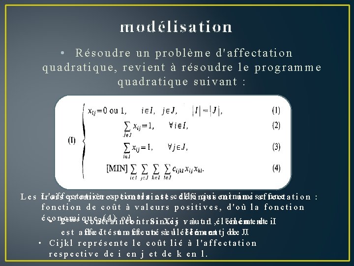 modélisation • Résoudre un problème d'affectation quadratique, revient à résoudre le programme quadratique suivant