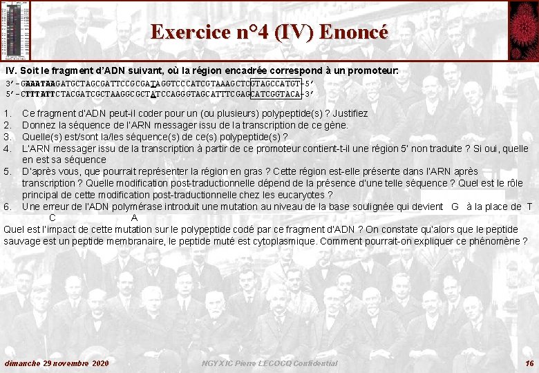 Exercice n° 4 (IV) Enoncé IV. Soit le fragment d’ADN suivant, où la région