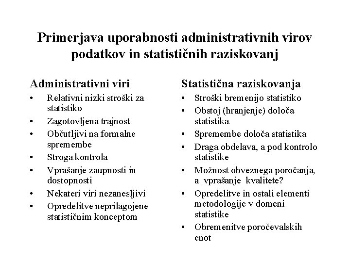 Primerjava uporabnosti administrativnih virov podatkov in statističnih raziskovanj Administrativni viri Statistična raziskovanja • •