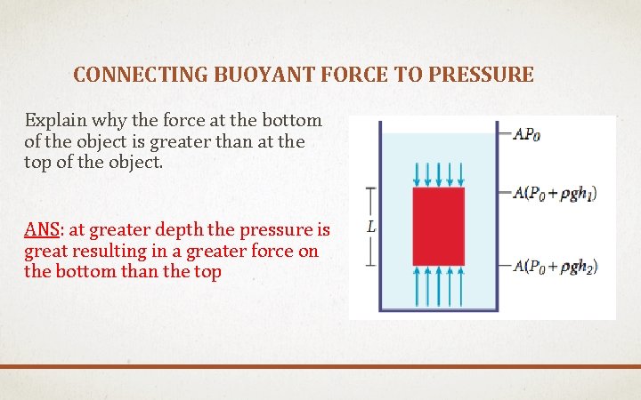 CONNECTING BUOYANT FORCE TO PRESSURE Explain why the force at the bottom of the
