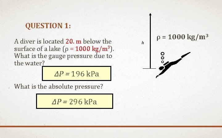 QUESTION 1: A diver is located 20. m below the surface of a lake