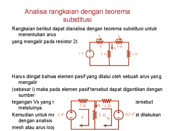 Analisa rangkaian dengan teorema substitusi Rangkaian berikut dapat dianalisa dengan teorema substitusi untuk menentukan