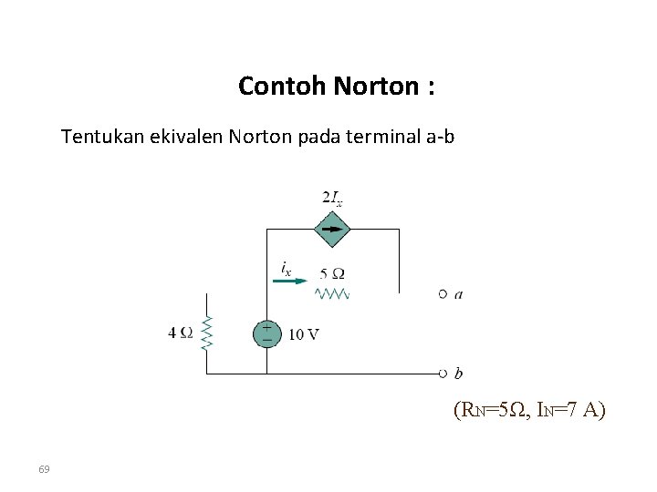 Contoh Norton : Tentukan ekivalen Norton pada terminal a-b (RN=5Ω, IN=7 A) 69 