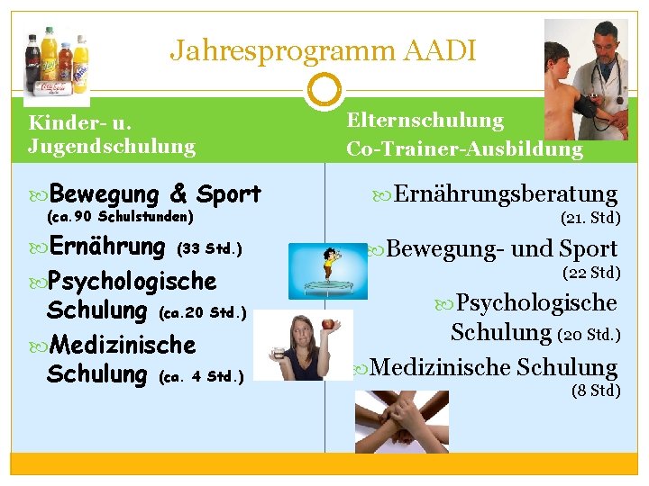 Jahresprogramm AADI Kinder- u. Jugendschulung Bewegung & Sport (ca. 90 Schulstunden) Ernährung (33 Std.