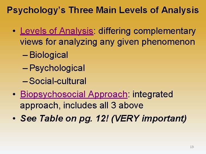 Psychology’s Three Main Levels of Analysis • Levels of Analysis: differing complementary views for
