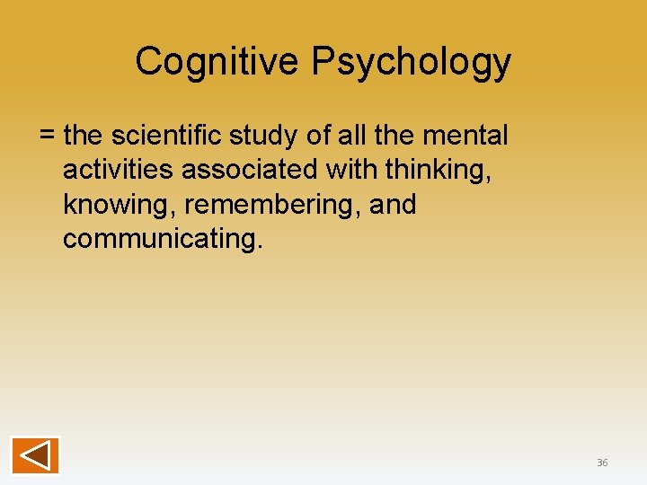 Cognitive Psychology = the scientific study of all the mental activities associated with thinking,