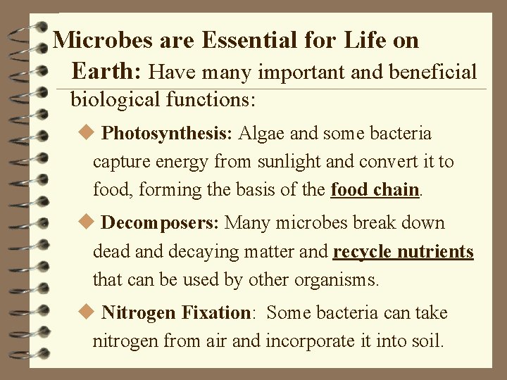 Microbes are Essential for Life on Earth: Have many important and beneficial biological functions: