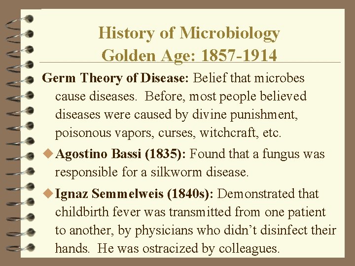 History of Microbiology Golden Age: 1857 -1914 Germ Theory of Disease: Belief that microbes