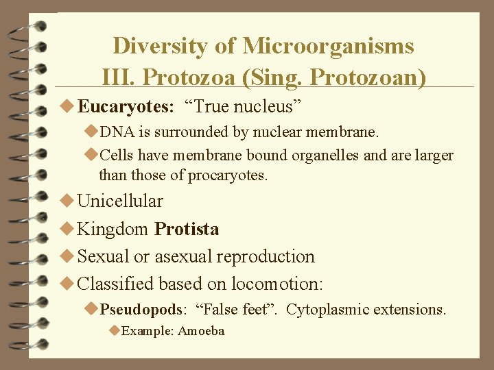 Diversity of Microorganisms III. Protozoa (Sing. Protozoan) u Eucaryotes: “True nucleus” u. DNA is