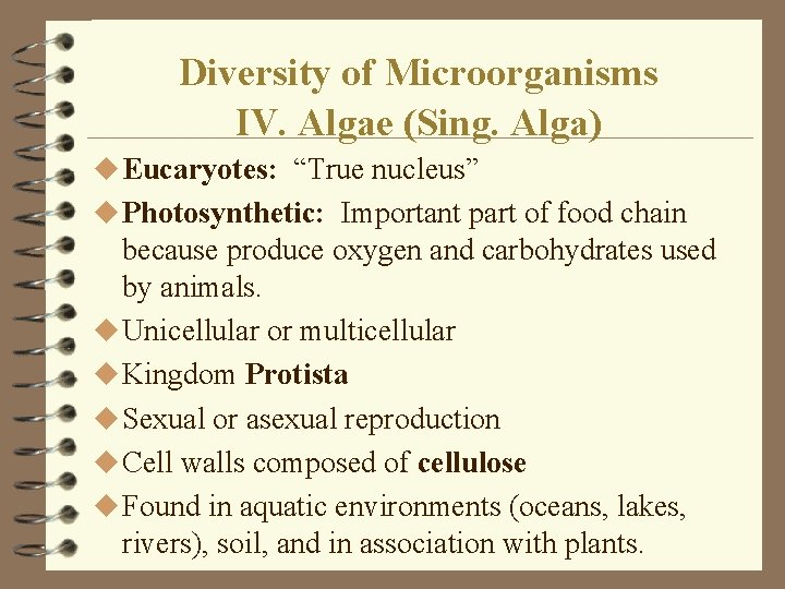 Diversity of Microorganisms IV. Algae (Sing. Alga) u Eucaryotes: “True nucleus” u Photosynthetic: Important