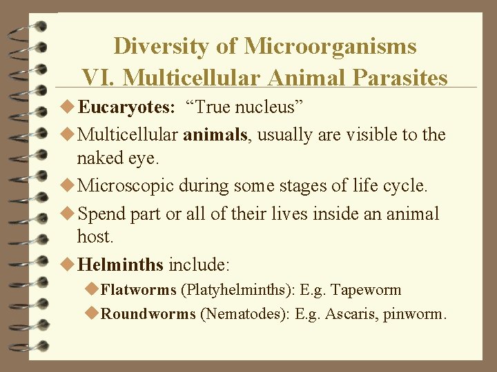 Diversity of Microorganisms VI. Multicellular Animal Parasites u Eucaryotes: “True nucleus” u Multicellular animals,