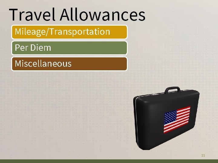 Travel Allowances Mileage/Transportation Per Diem Miscellaneous 11 