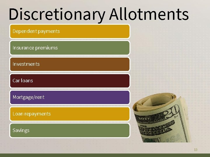 Discretionary Allotments Dependent payments Insurance premiums Investments Car loans Mortgage/rent Loan repayments Savings 13