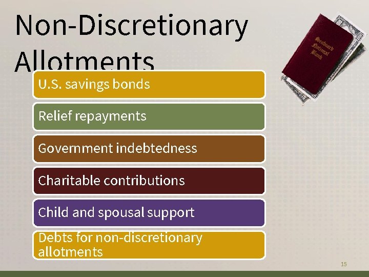 Non-Discretionary Allotments U. S. savings bonds Relief repayments Government indebtedness Charitable contributions Child and