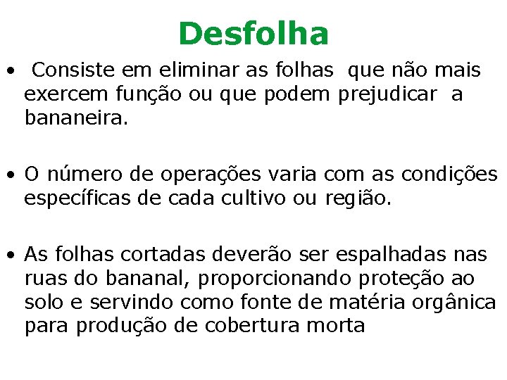 Desfolha • Consiste em eliminar as folhas que não mais exercem função ou que