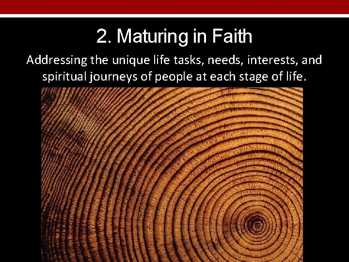 2. Maturing in Faith Addressing the unique life tasks, needs, interests, and spiritual journeys