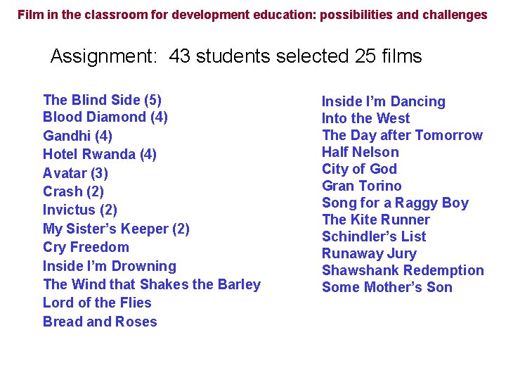 Film in the classroom for development education: possibilities and challenges Assignment: 43 students selected