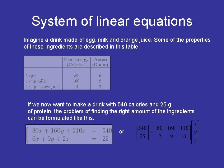 System of linear equations Imagine a drink made of egg, milk and orange juice.