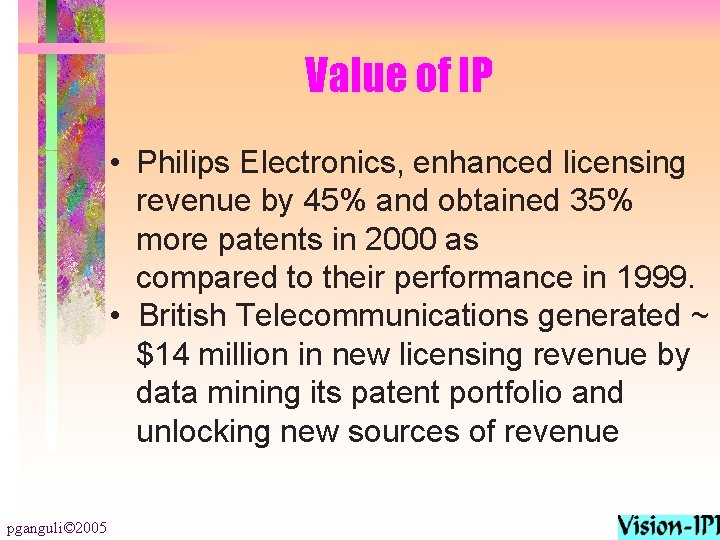 Value of IP • Philips Electronics, enhanced licensing revenue by 45% and obtained 35%