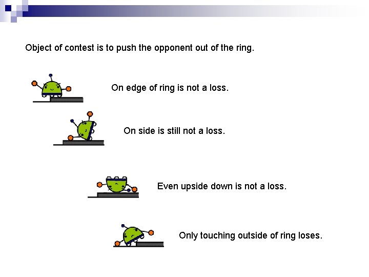 Object of contest is to push the opponent out of the ring. On edge