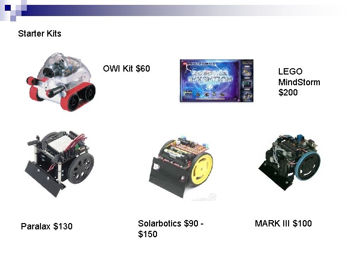 Starter Kits OWI Kit $60 Paralax $130 Solarbotics $90 - $150 LEGO Mind. Storm Starter Kits OWI Kit $60 Paralax $130 Solarbotics $90 - $150 LEGO Mind. Storm