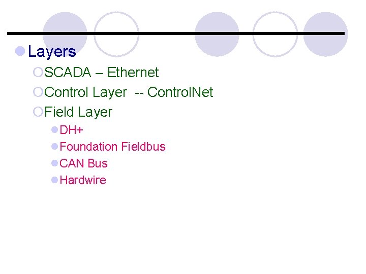 l Layers ¡SCADA – Ethernet ¡Control Layer -- Control. Net ¡Field Layer l. DH+