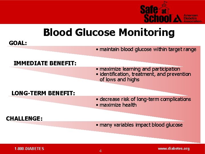 Blood Glucose Monitoring GOAL: IMMEDIATE BENEFIT: LONG-TERM BENEFIT: CHALLENGE: 1 -800 -DIABETES • maintain
