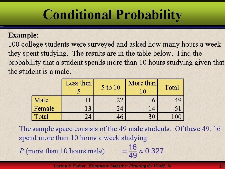 Conditional Probability Example: 100 college students were surveyed and asked how many hours a