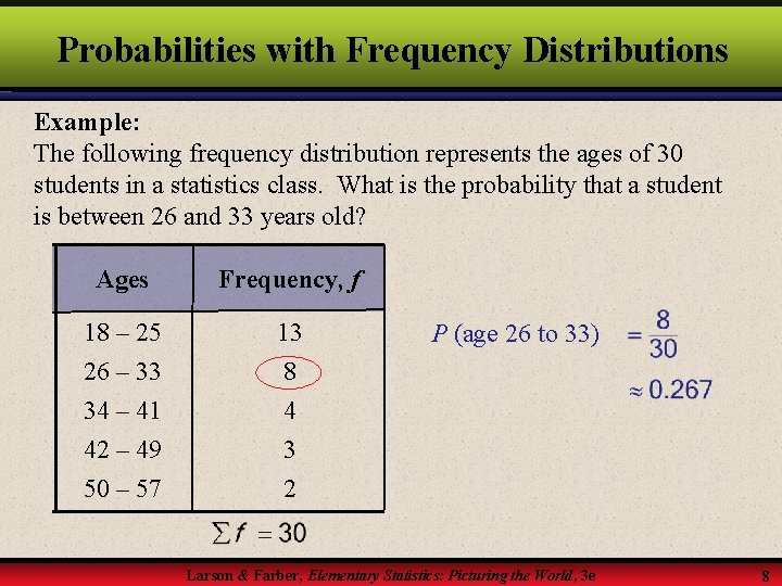 Probabilities with Frequency Distributions Example: The following frequency distribution represents the ages of 30 Probabilities with Frequency Distributions Example: The following frequency distribution represents the ages of 30