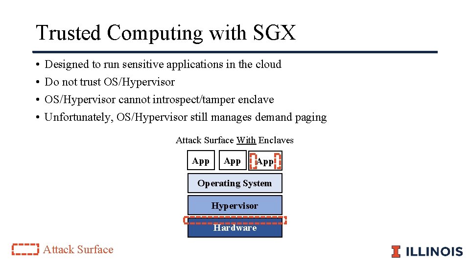 Trusted Computing with SGX • • Designed to run sensitive applications in the cloud