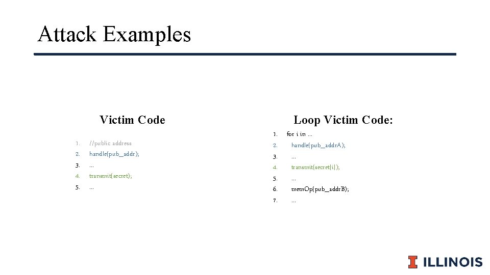 Attack Examples Victim Code 1. 2. 3. 4. 5. //public address handle(pub_addr); . .