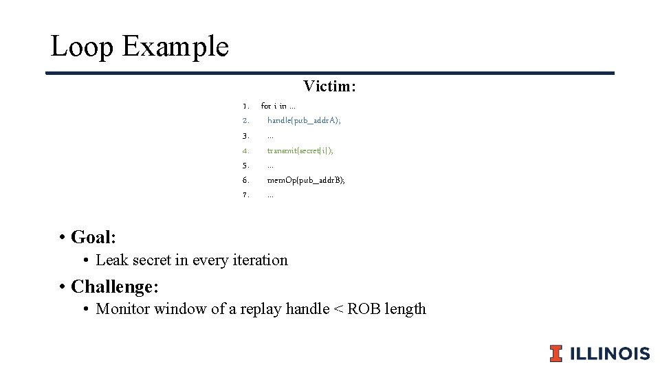 Loop Example Victim: 1. for i in. . . 2. handle(pub_addr. A); 3. .