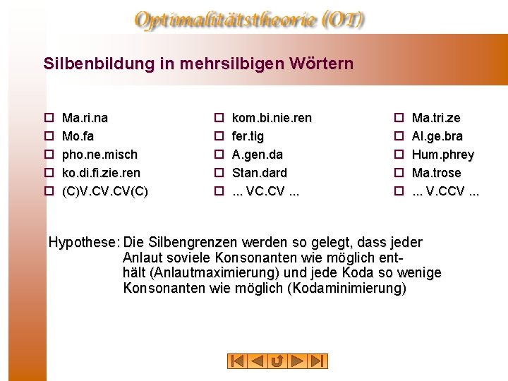 Silbenbildung in mehrsilbigen Wörtern ¨ ¨ ¨ Ma. ri. na Mo. fa pho. ne.