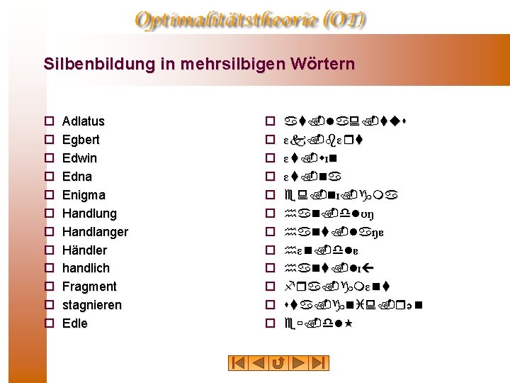Silbenbildung in mehrsilbigen Wörtern ¨ ¨ ¨ Adlatus Egbert Edwin Edna Enigma Handlung Handlanger