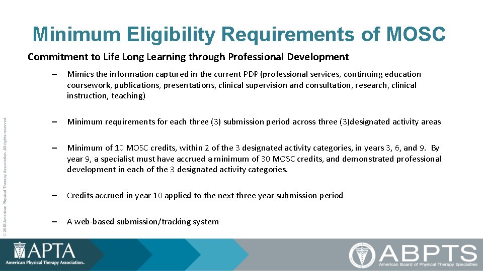 Minimum Eligibility Requirements of MOSC Commitment to Life Long Learning through Professional Development –