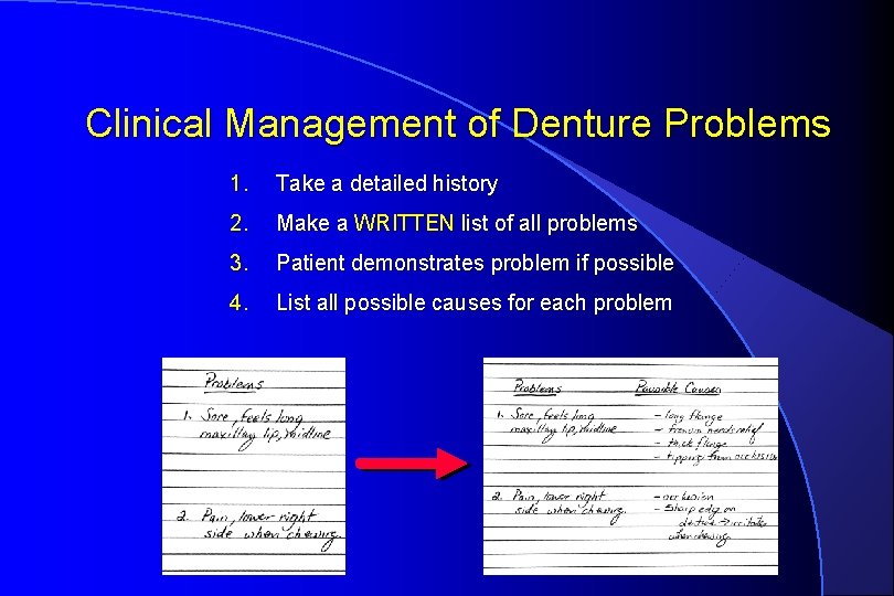 Clinical Management of Denture Problems 1. Take a detailed history 2. Make a WRITTEN