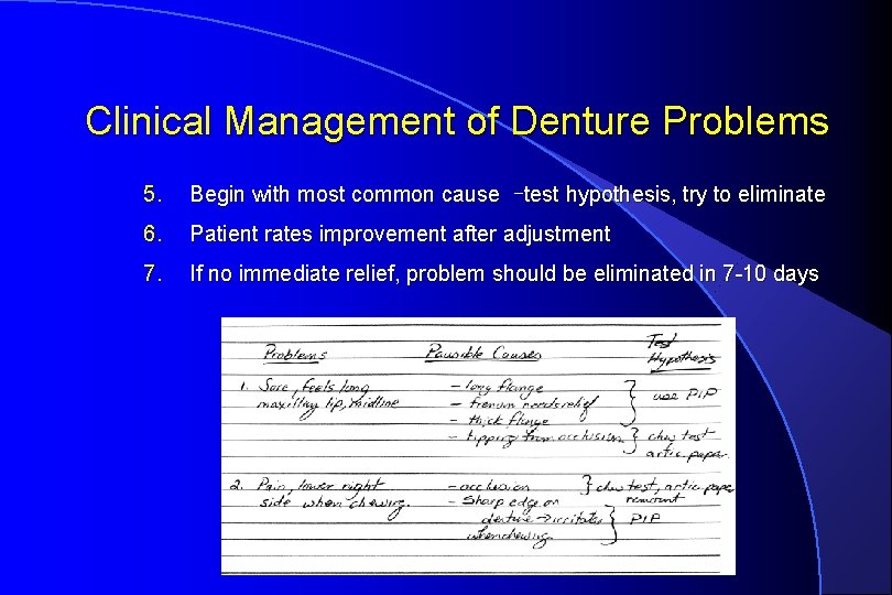 Clinical Management of Denture Problems 5. Begin with most common cause –test hypothesis, try