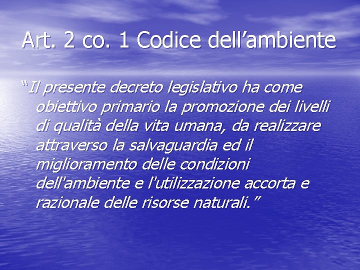 Art. 2 co. 1 Codice dell’ambiente “Il presente decreto legislativo ha come obiettivo primario