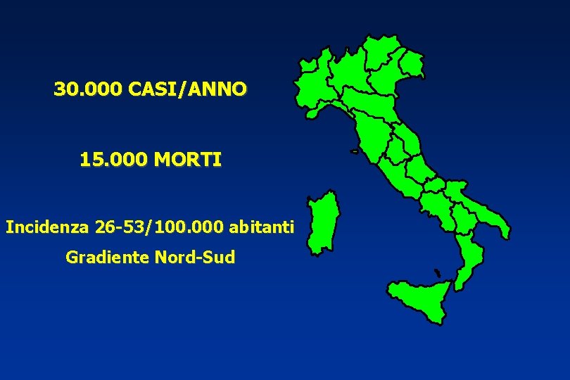 30. 000 CASI/ANNO 15. 000 MORTI Incidenza 26 -53/100. 000 abitanti Gradiente Nord-Sud 
