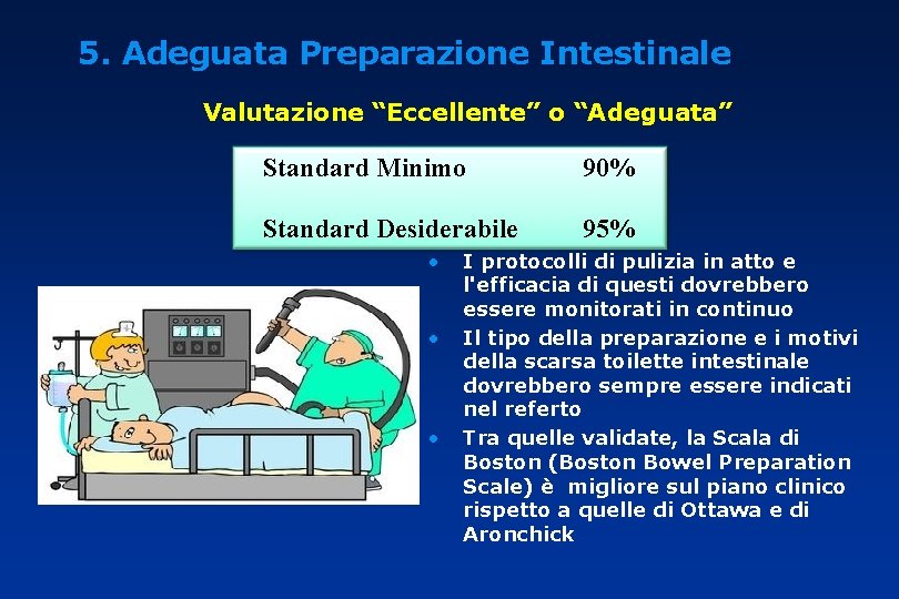 5. Adeguata Preparazione Intestinale Valutazione “Eccellente” o “Adeguata” Standard Minimo 90% Standard Desiderabile 95%