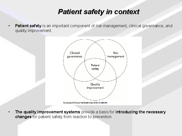 Patient safety in context • Patient safety is an important component of risk management,