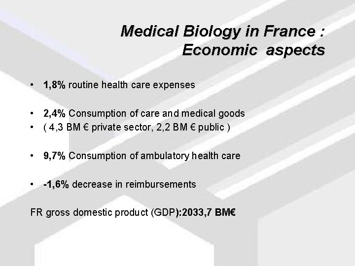 Medical Biology in France : Economic aspects • 1, 8% routine health care expenses
